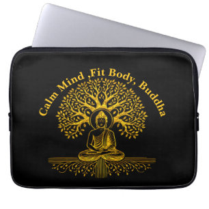 Goudzoekende Boeddha omringd door ingewikkelde bla Laptop Sleeve