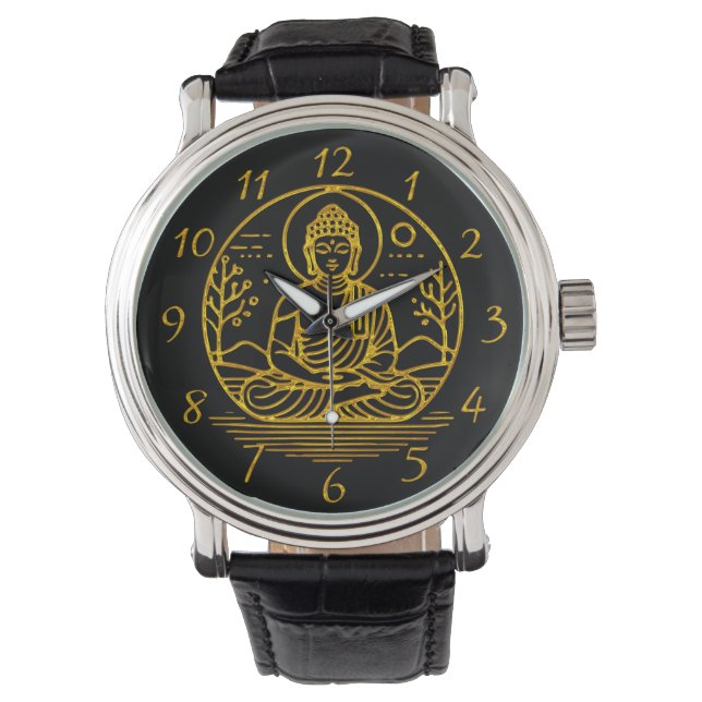 Goudzoekende Boeddha Zittend in Serene Meditatie Horloge (Voorkant)