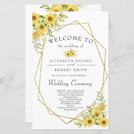 Goudzonnebloem Geometrische Rustische elegante bru (Voorkant / Achterkant)