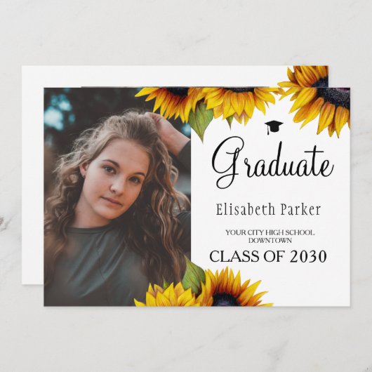 Goudzonnebloemen 2 foto's afstuderen aankondiging (Voorkant / Achterkant)