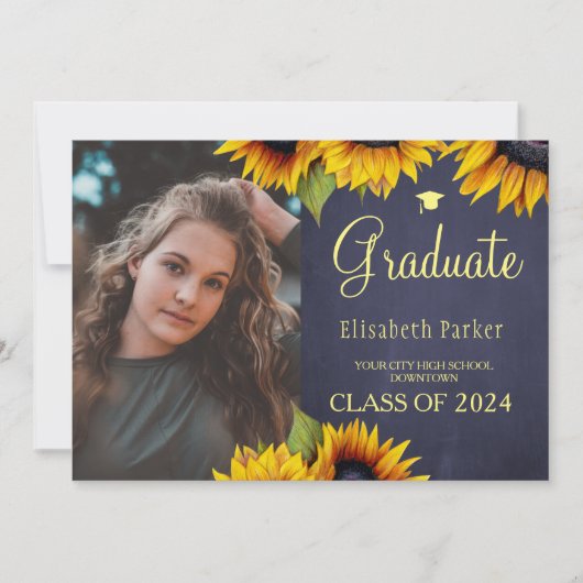 Goudzonnebloemen 2 foto's afstuderen aankondiging (Voorkant)