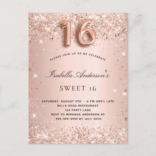 Goudzweet 16 roos glitterstofglazuur uitnodiging briefkaart (Voorkant)