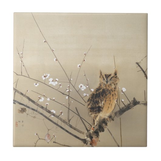 Goun Owl and Early Plum Blossom Woodblock Print Tegeltje (Voorkant)