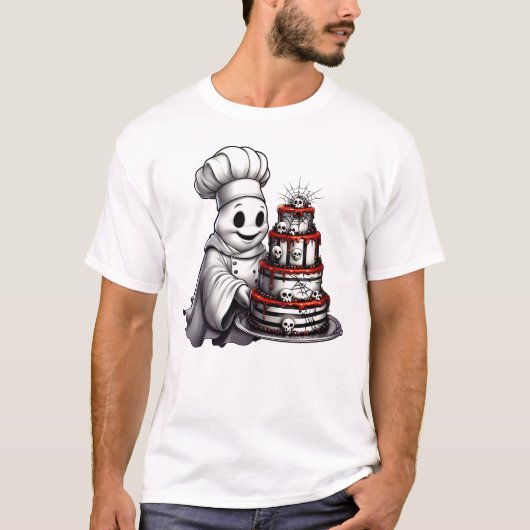 Gourmet Chef Ghost met Spooky Skull Cake Halloween T-shirt (Voorkant)