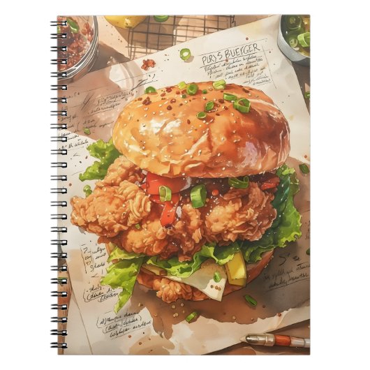 Gourmet Fried Chicken Burger Aquarel Recept Notitieboek (Voorkant)