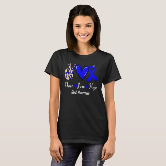Gout Awareness Peace Love Hope Blue Ribbon T-shirt (Voorkant volledig)