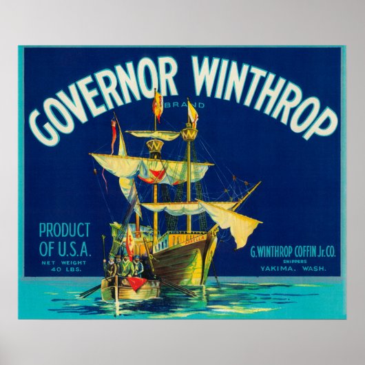 Gouverneur Winthrop Apple Label (blauw) - Yakima,  Poster (Voorkant)