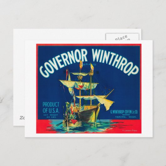 Gouverneur Winthrop Apple Label (rood) - Yakima, W Briefkaart (Voorkant / Achterkant)