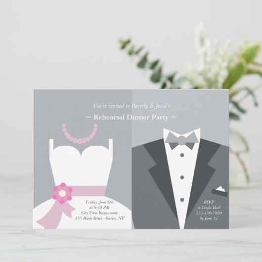 Gown and Tuxedo Gray Background Invitation Kaart (Staand voorkant)
