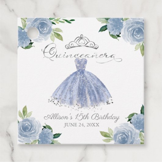 Gown Lichtblauw Bloemen Quinceanera Party Bedankjes Labels (Voorkant)