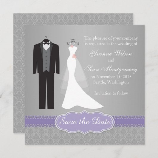 Gown, tuxedo op grijs sparen de Uitnodiging van de (Voorkant / Achterkant)