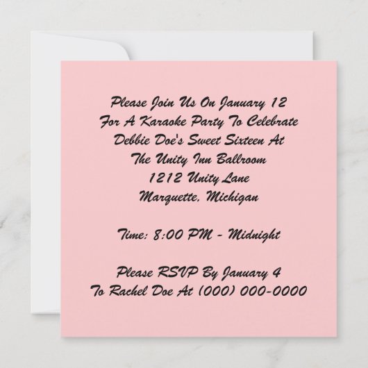 GR8 SWEET SIXTEEN 16 KARAOKE PARTIJ INVITATIE KAART (Achterkant)