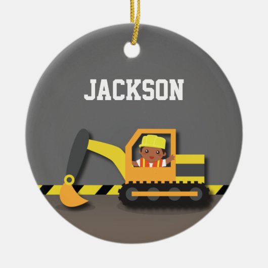 Graafmachine Bouw Afro-Amerikaanse Jongen Keramisch Ornament (Voorkant)