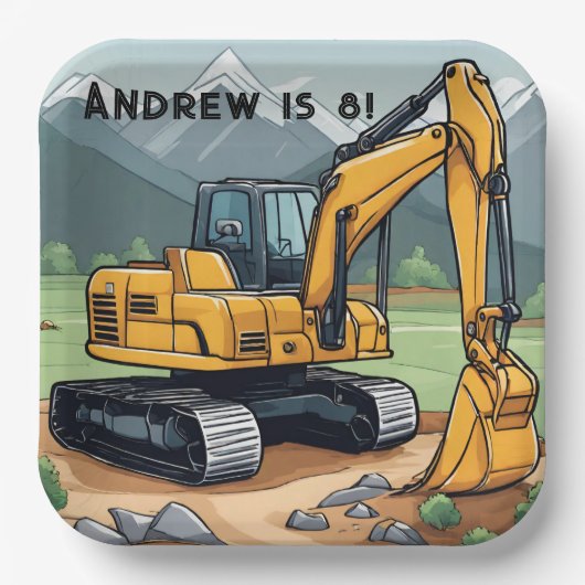 Graafmachine Bouwmachines Graver Verjaardag Papieren Bordje (Voorkant)