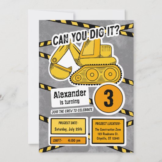 Graafmachine Verjaardagsfeestuitnodiging voor kind Kaart (Voorkant)