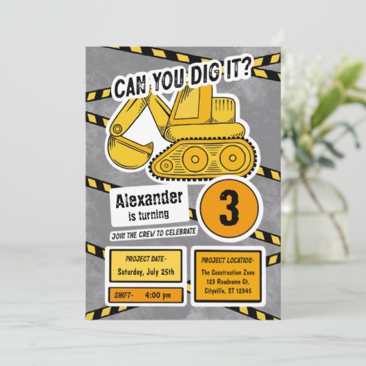 Graafmachine Verjaardagsfeestuitnodiging voor kind Kaart (Staand voorkant)