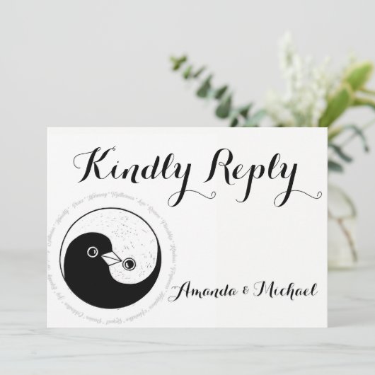 GRAAG ANTWOORDEN TROUWKAART zw/w YinYang duiven Ha Kaart (Staand voorkant)