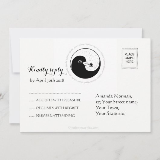 GRAAG ANTWOORDEN TROUWKAART zw/w YinYang duiven Ha Kaart (Achterkant)