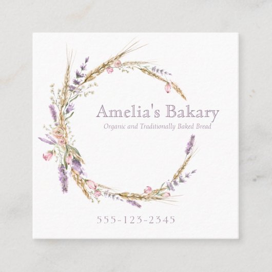 Graan en bloemen lavendel krans brood bakkerij vierkante visitekaartje (Voorkant)