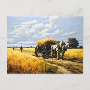 Graan oogsten met een paardenwagen feestdagenkaart