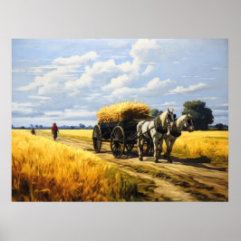 Graan oogsten met een paardenwagen poster