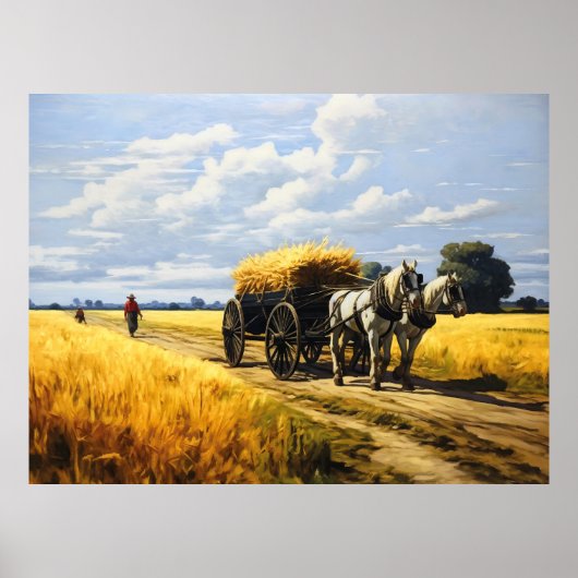 Graan oogsten met paard en wagen poster (Voorkant)