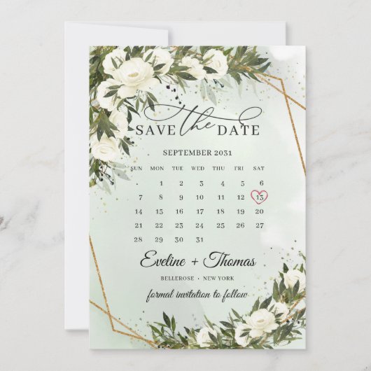 Graanbladgroen witte rozen maand kalender save the date (Voorkant)