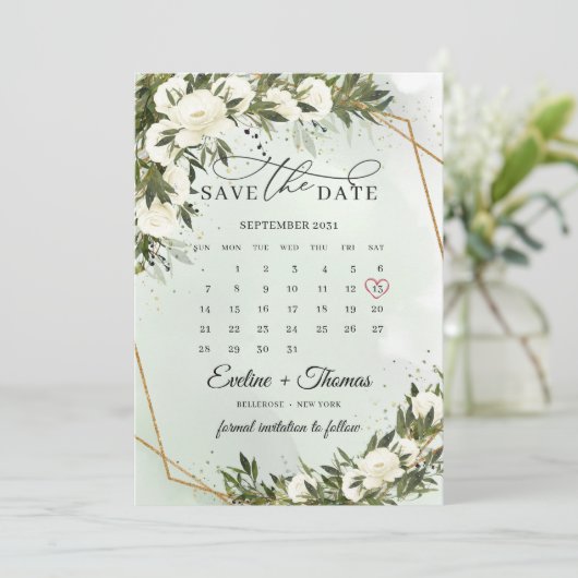 Graanbladgroen witte rozen maand kalender save the date (Staand voorkant)