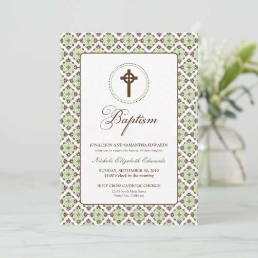 Grace Baptism 5x7 Uitnodiging (bruin/sage) (Staand voorkant)