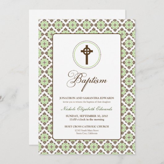 Grace Baptism 5x7 Uitnodiging (bruin/sage) (Voorkant / Achterkant)