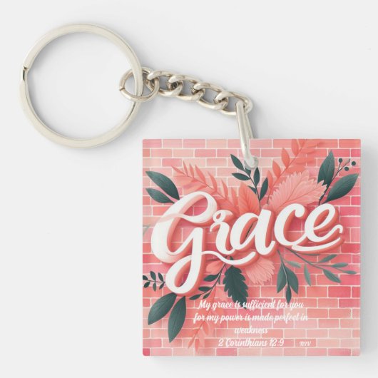 Grace Bijbel Verse Roze Baksteen Bloemen Sleutelhanger (voorkant)