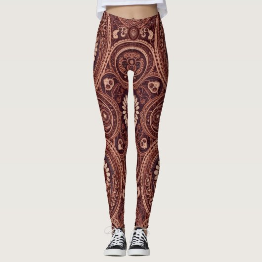 Grace Burgundy Daisy Paisley Embroidery Pattern Leggings (Voorkant)