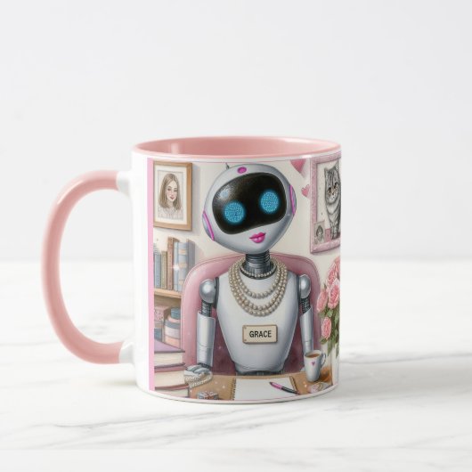 Grace de Robot – Fonkeling en Syntaxis op Haar Bur Mok (Links)