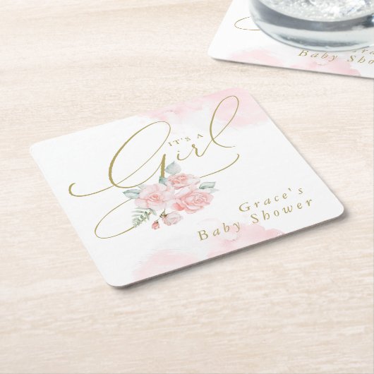 GRACE Elegant Blush Floral Het is een Meisje Baby  Kartonnen Onderzetters (Schuin)