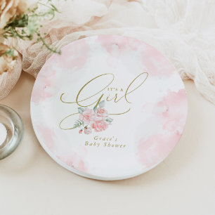 GRACE Elegant Blush Floral Het is een Meisje Baby  Papieren Bordje