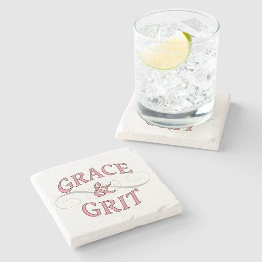 Grace & Grit Woorden in roze en grijs Stenen Onderzetter (Zijkant)