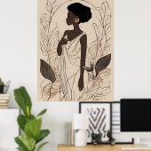 Grace in Bloom – Afro Godin Lijntekening Poster (Thuiskantoor)