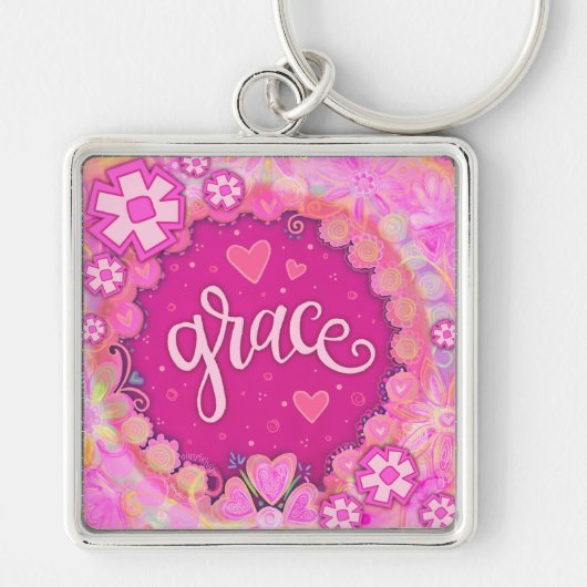 Grace Inspirerend Hart Bloem  Roze Sleutelhanger (Voorkant)