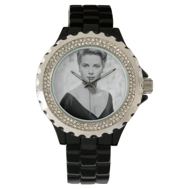 Grace Kelly, 1955 Rhinestone Black Enamel Watch Horloge (Voorkant)