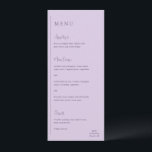 Grace Lila bruiloft Menu<br><div class="desc">Modern huwelijksmenu met een eenvoudig en minimaal geometrisch ontwerp met een verticale lijn langs de linkerkant met uw menu in linker uitlijning. De headers zijn in een handschrift script voor een elegante touch. In de rechterbenedenhoek bevindt zich uw monogram van twee initialen over een kleine horizontale lijn. Het kleurenpalet kan...</div>