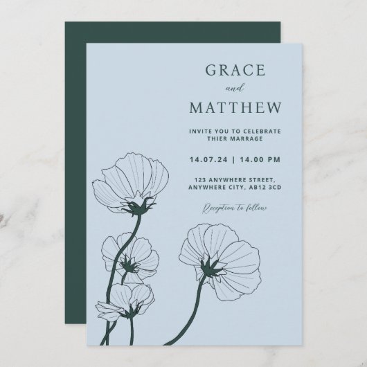 GRACE Modern Botanical Mist Wedding Invitation Kaart (Voorkant / Achterkant)