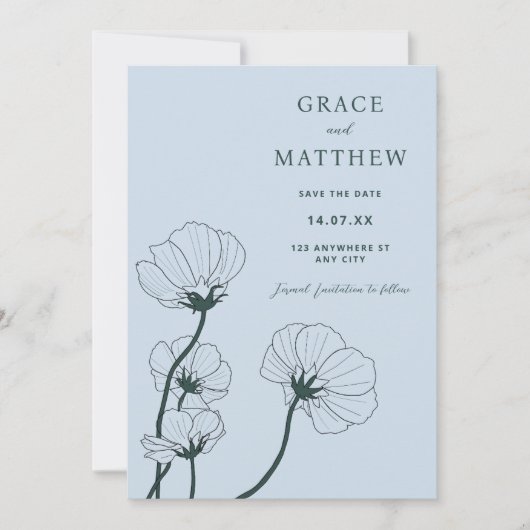 GRACE moderne botanische blauwe bruiloft uitnodigi Kaart (Voorkant)