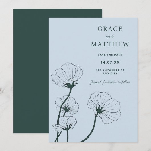 GRACE moderne botanische blauwe bruiloft uitnodigi Kaart (Voorkant / Achterkant)