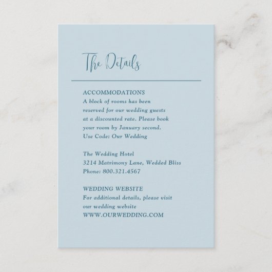 Grace Muted Blue Modern Wedding Informatiekaartje (Voorkant)