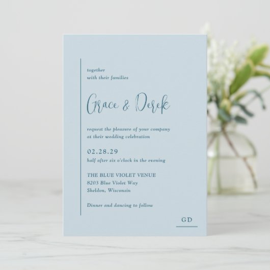 Grace Muted Blue Modern Wedding Kaart (Staand voorkant)