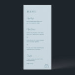 Grace Muted Blue Modern Wedding Menu<br><div class="desc">Modern huwelijksmenu met een eenvoudig en minimaal geometrisch ontwerp met een verticale lijn langs de linkerkant met uw menu in linker uitlijning. De headers zijn in een handschrift script voor een elegante touch. In de rechterbenedenhoek bevindt zich uw monogram van twee initialen over een kleine horizontale lijn. Het kleurenpalet kan...</div>