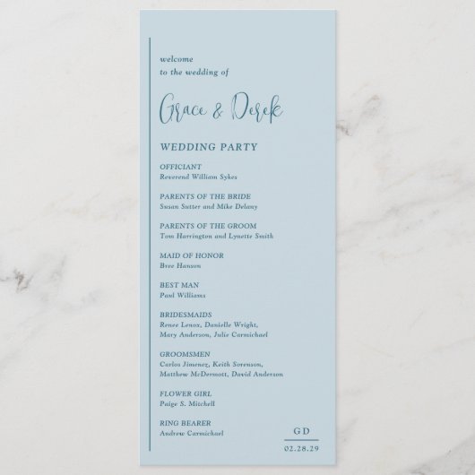 Grace Muted Blue Modern Wedding Programmakaart (Voorkant)