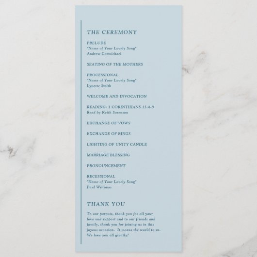 Grace Muted Blue Modern Wedding Programmakaart (Achterkant)