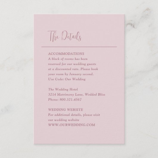 Grace Muted Roze Moderne bruiloft Informatiekaartje (Voorkant)