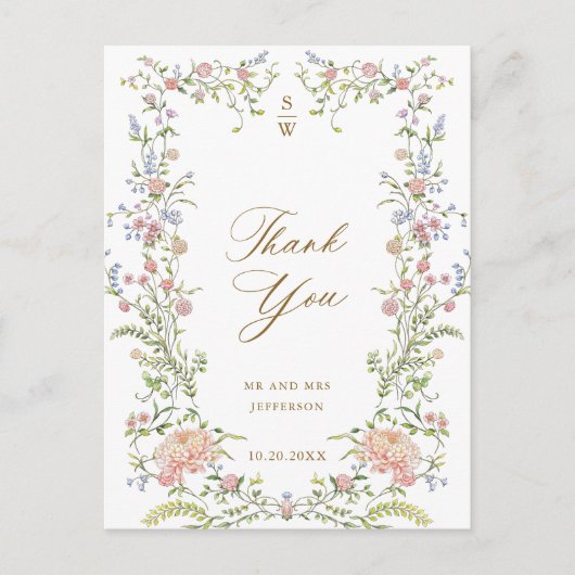 Grace Pastel Blush Bloemen Bruiloft Dank u Briefkaart (Voorkant)